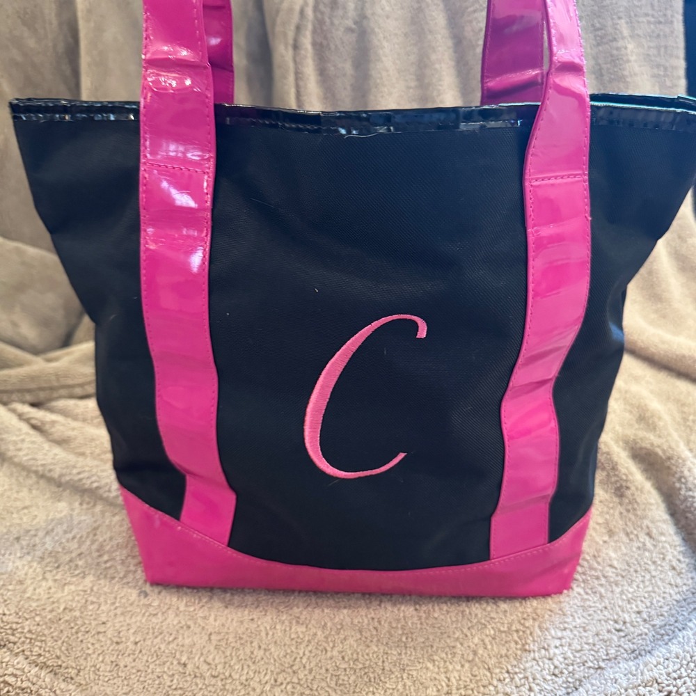 Y2K RETRO LETTER C TOTE BAG 2000S BLACK HOT PINK, CANVAS LEATHER